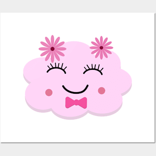 Happy pink smiling  kawaii cloud with flowers Posters and Art